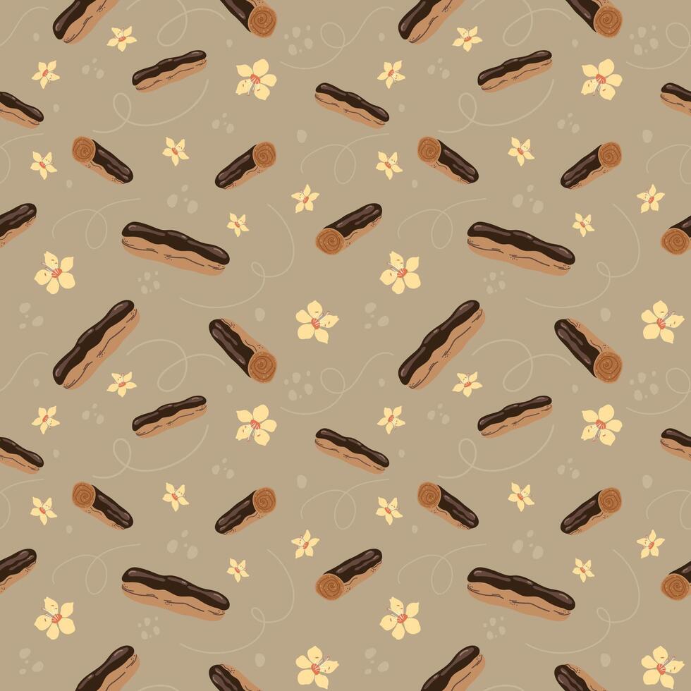 Seamless hand drawn flat eclair cake with vanilla blossom, french dessert pattern, symbol of France, traditional cuisine. vector