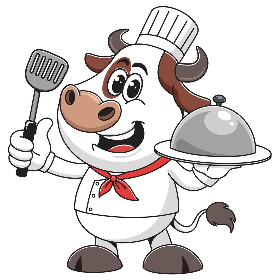 Cartoon cow chef holding a platter and a spatula vector