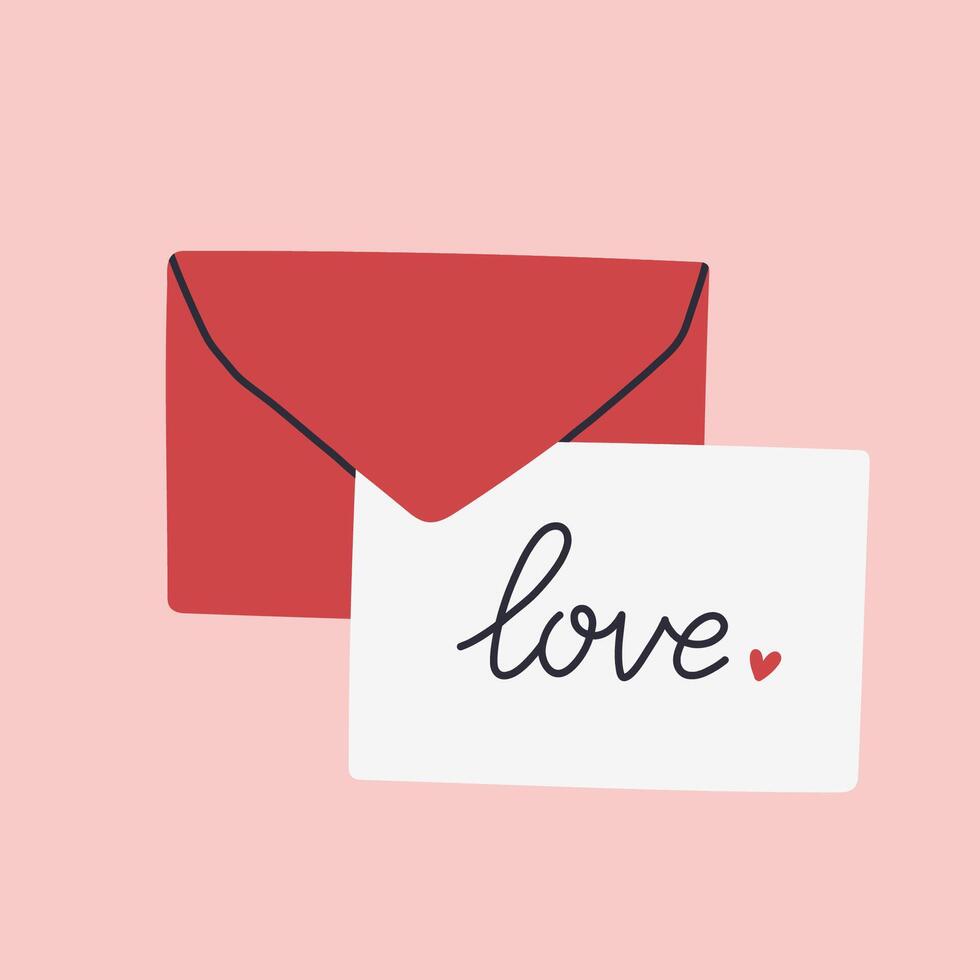 Simple Valentines Day card with red envelope. Flat hearts hand drawn doodle. Simple, minimalistic, holiday card. vector