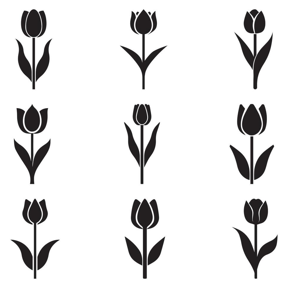 Tulip black icon silhouette with stem and leaves on a white background. vector