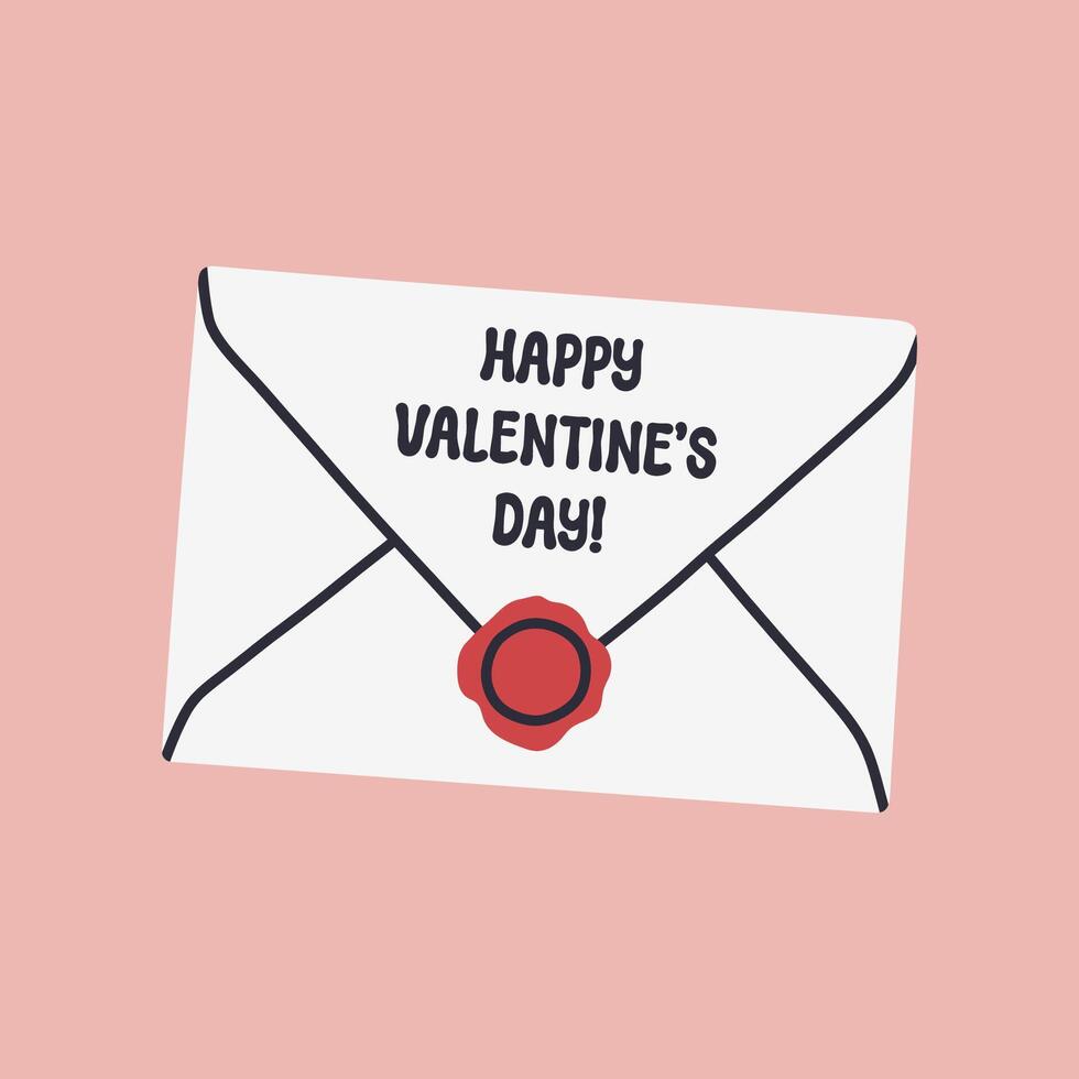 Simple Valentines Day card with white envelope on pink. Flat hearts hand drawn doodle. Simple, minimalistic, holiday card. vector