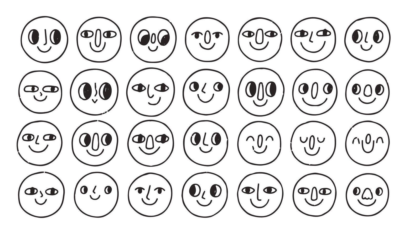 Doodle face set. Abstract comic smiling faces. Crayon drawing style. Different characters. Cartoon style. Flat design. Hand drawn trendy illustration. vector