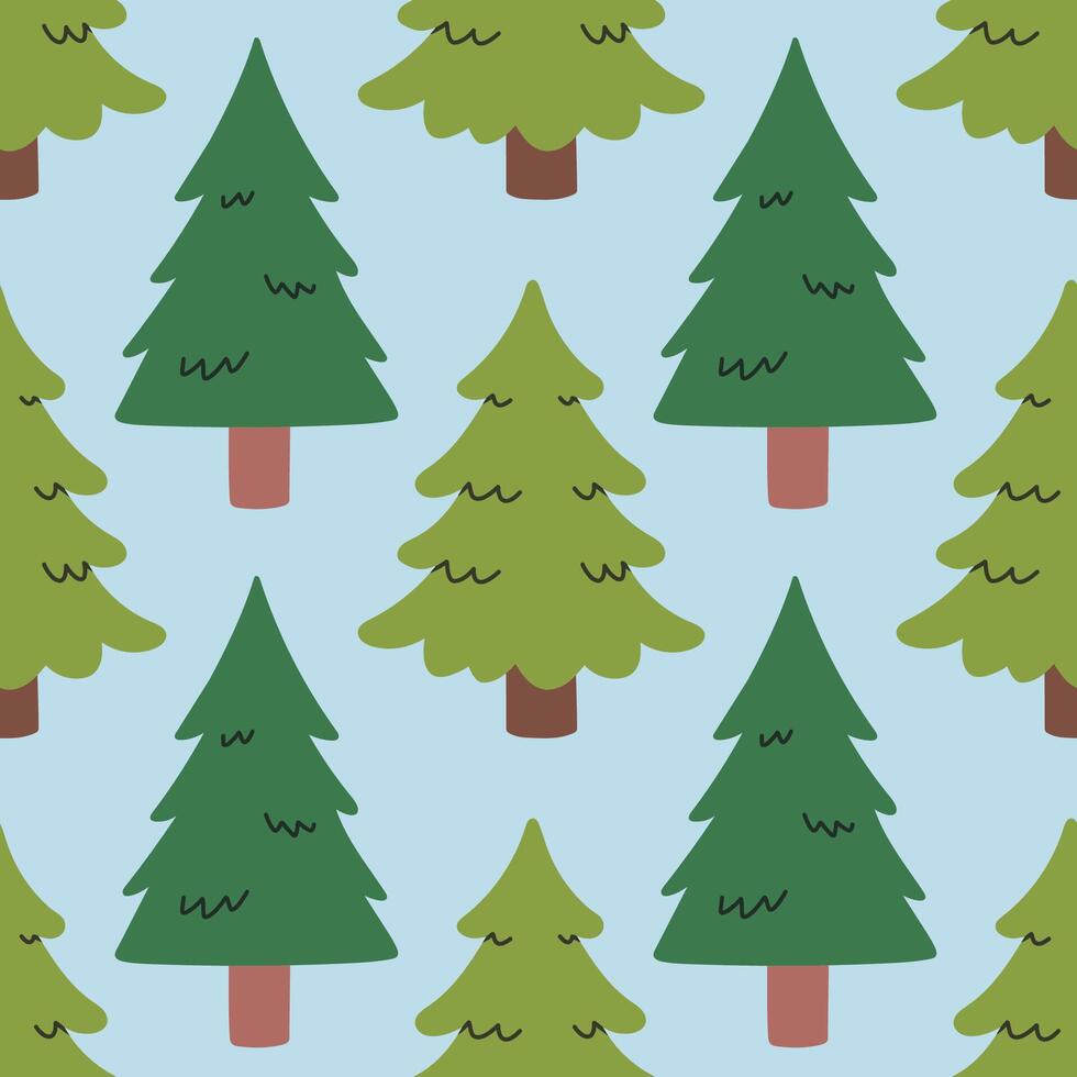 Green fir on blue seamless pattern, evergreen plant, spruce cedar background, New Year pattern for wrapping paper, postcard, banner vector