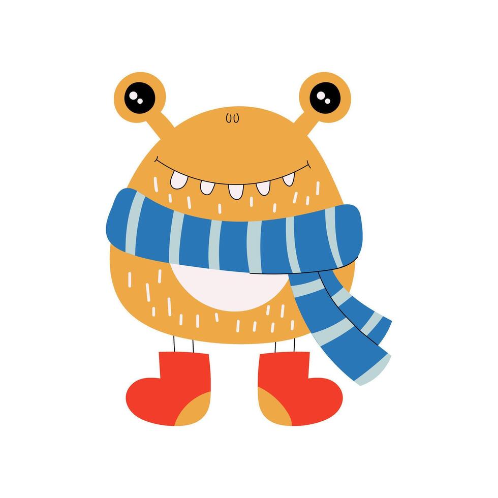 Cute Monster. Winter monsters in a scarf and boots. hand Drawn illustration on a white background vector
