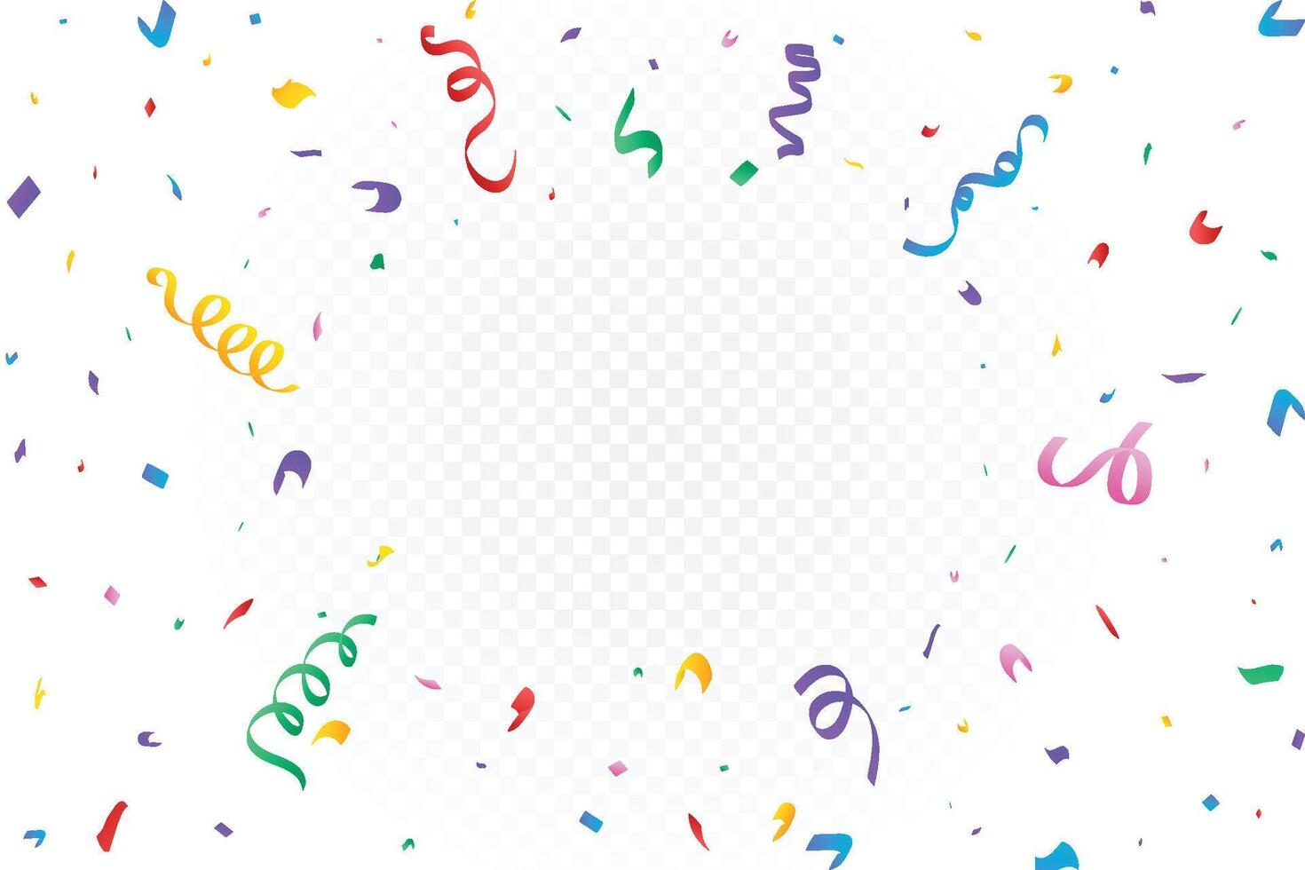 Colorful confetti and ribbon frame design and party elements. Birthday party and festival celebration tinsel and foil paper. Multicolor confetti backdrop decoration. vector