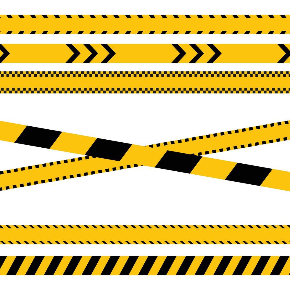 Seven different types of warning tapes with attention black and yellow print. Set of horizontal and crossed danger tapes are isolated on a white background. Danger, warning, caution, and police tapes. vector