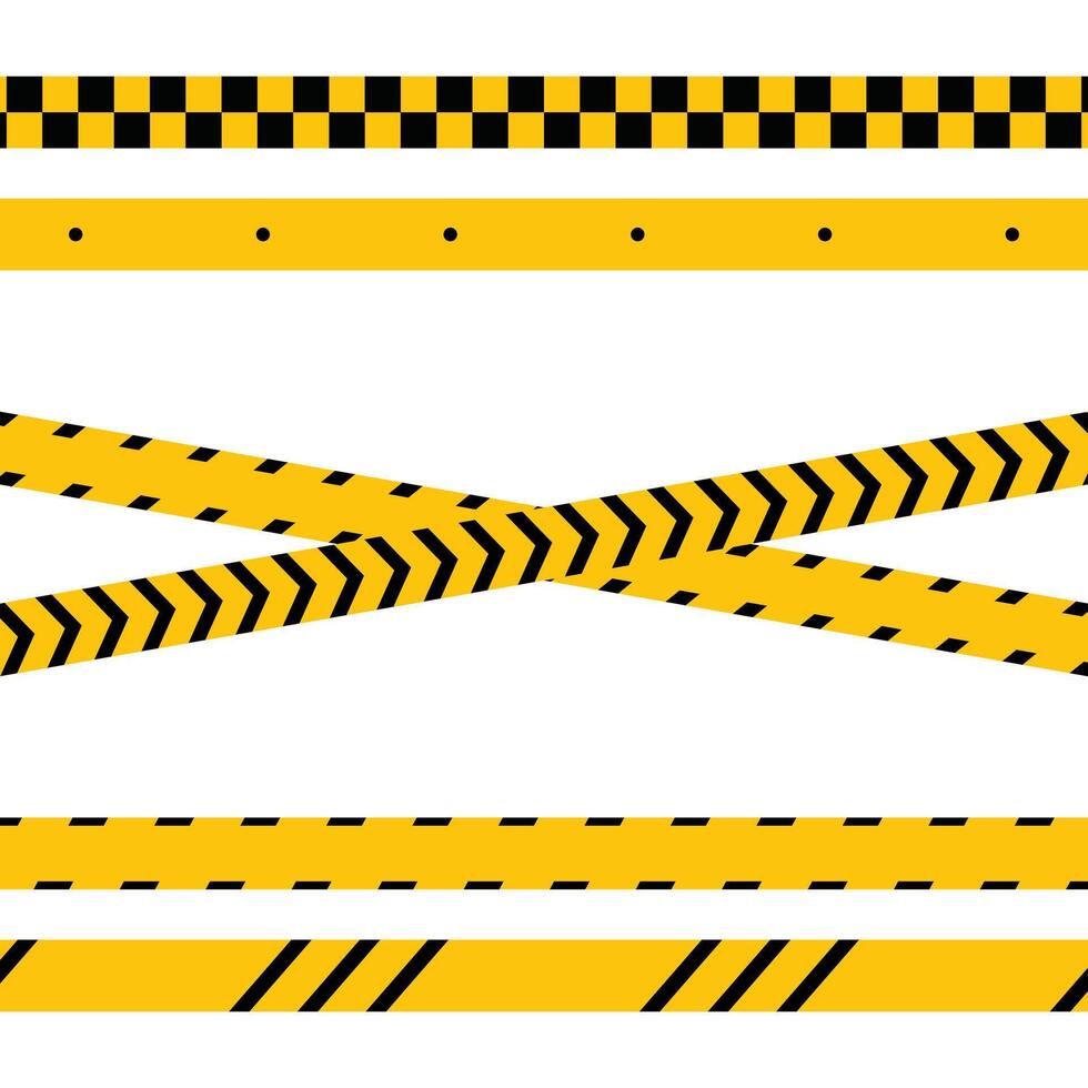 Set of horizontal and crossed caution tapes with attention black and yellow print. Six different types of danger tapes are isolated on a white background. Danger, warning and caution tapes. vector
