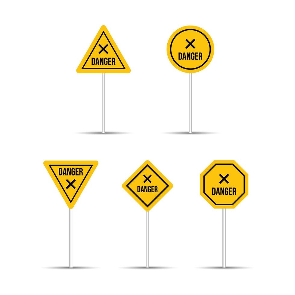 Realistic yellow danger road signs are isolated on a white background. Multiple shaped highway billboard design. Danger sign and icon collection. Five different shapes of cross icons. vector