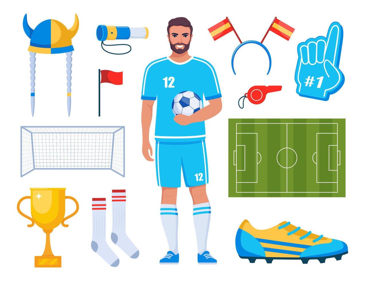 Football game and fan attributes. Soccer cheer accessories. Football match, competition, championship. Set of elements for soccer, football sport event. illustration. vector