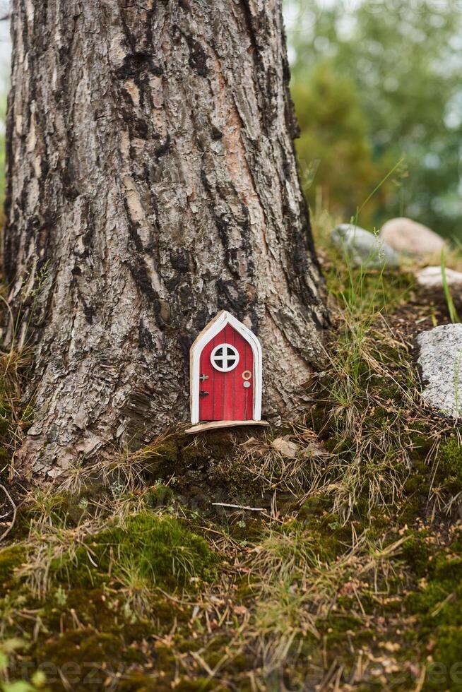 A whimsical and enchanting red door is situated at the base of a tall, majestic tree photo