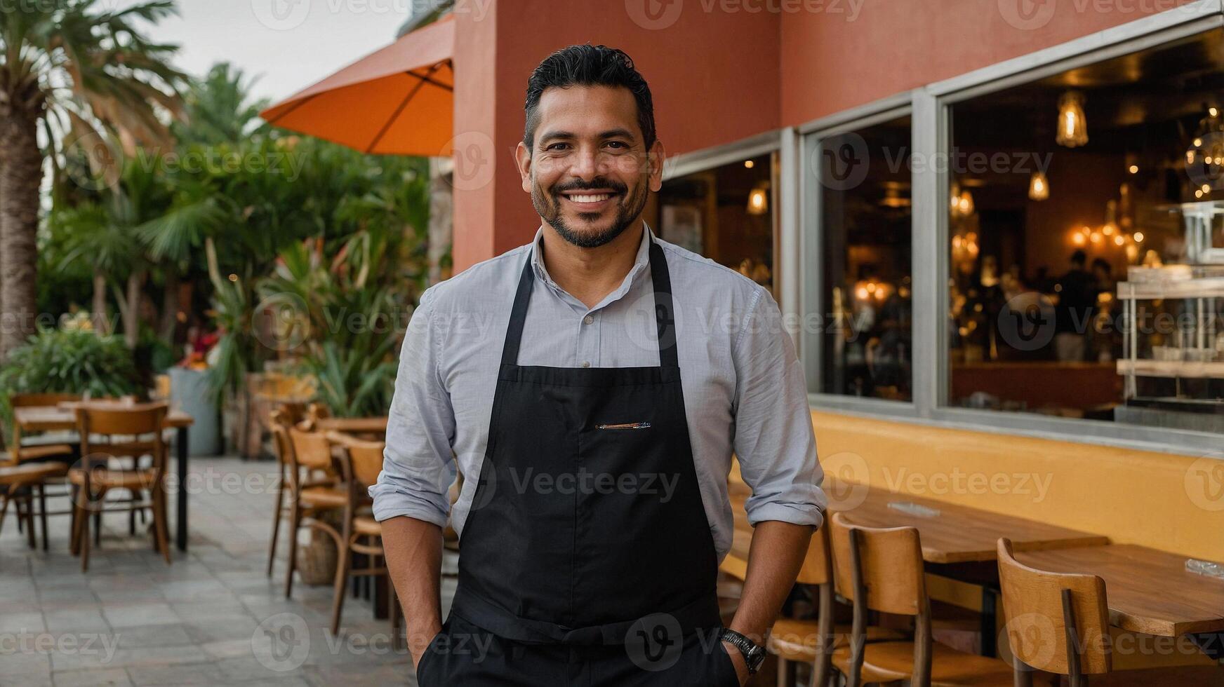 A smiling man in an apron standing outside a restaurant photo