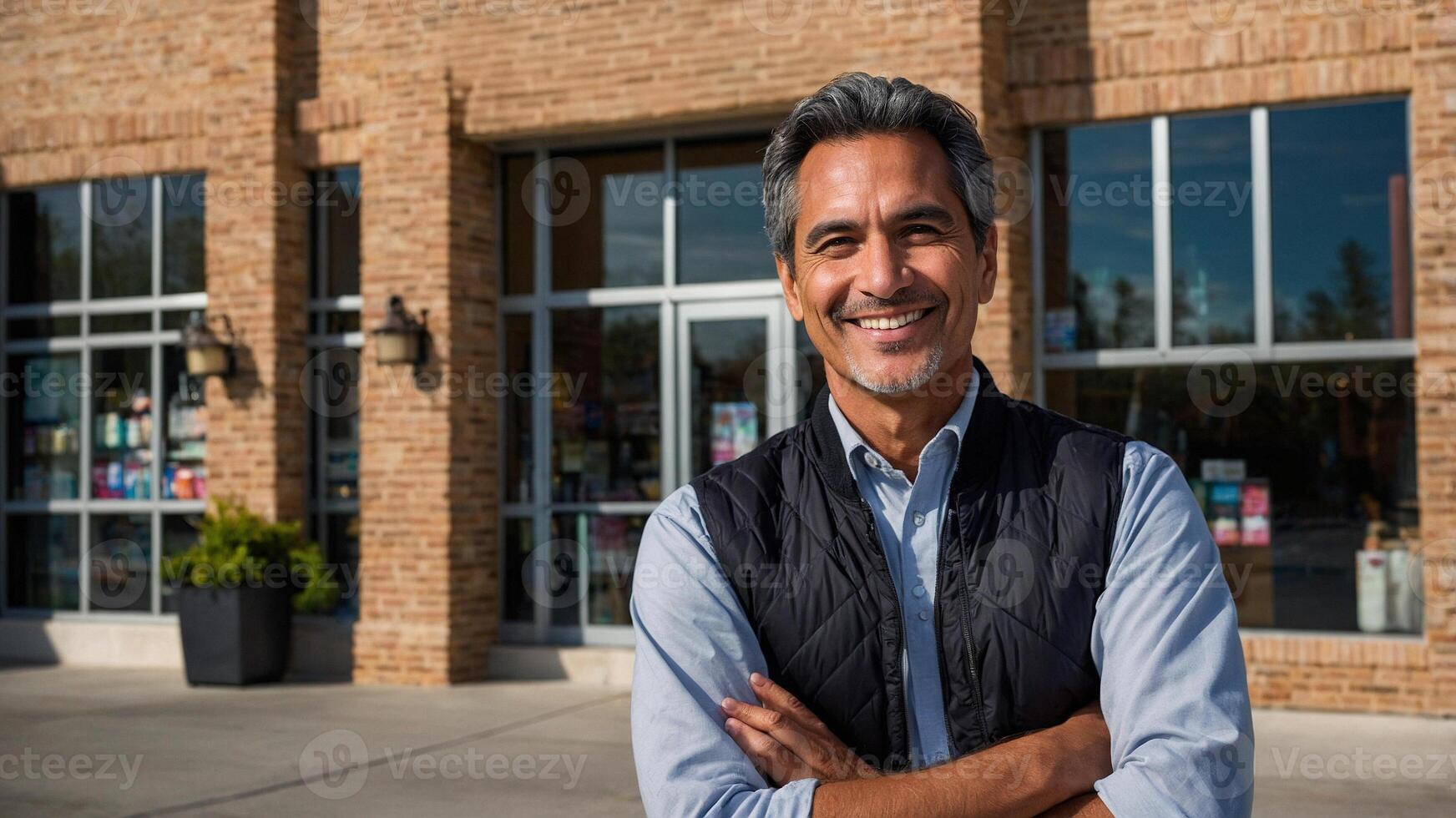 A man standing outside of a store photo