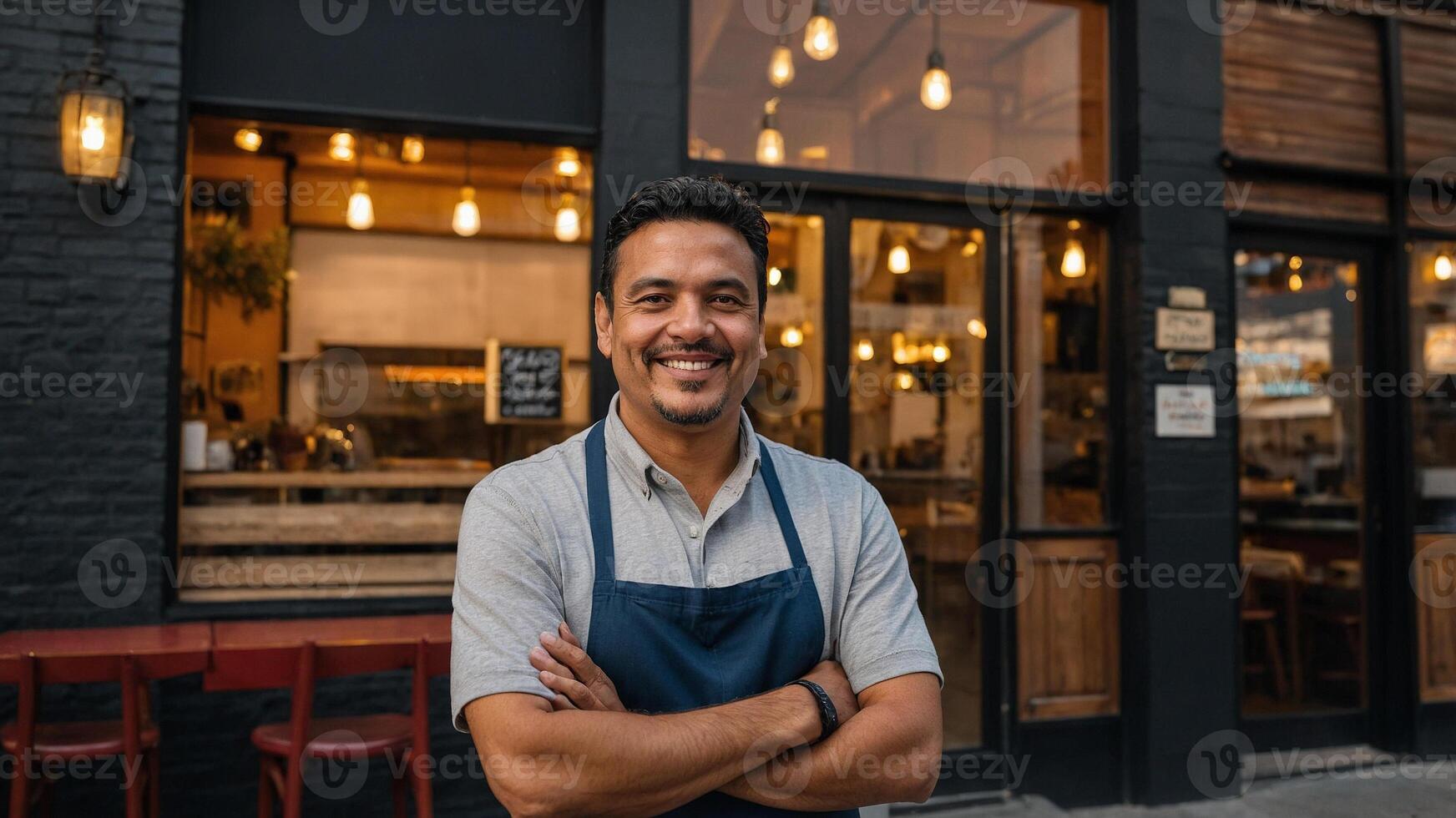A smiling man standing outside of a restaurant photo