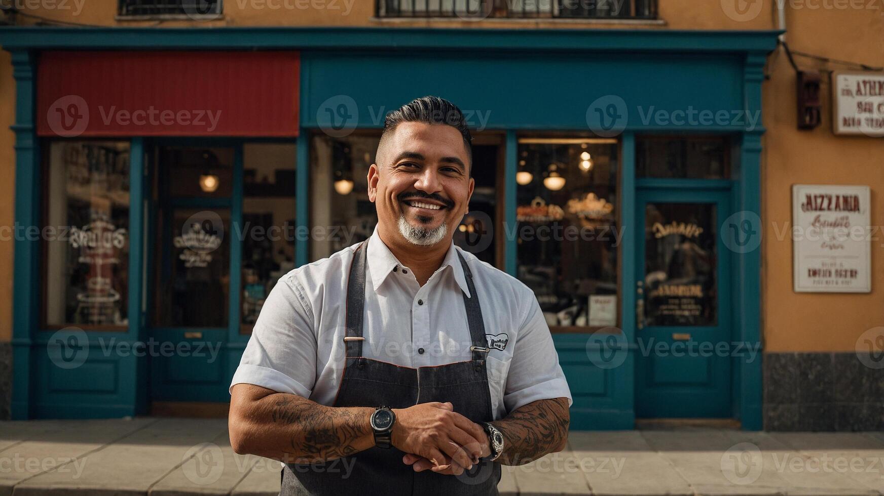 A man with a beard and apron standing in front of a restaurant photo