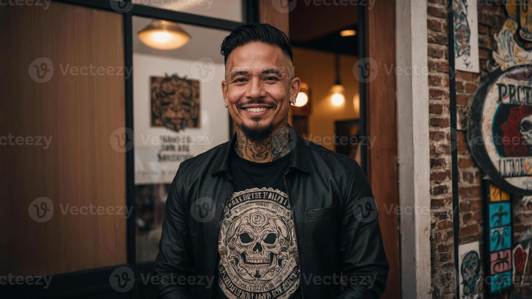 A man with tattoos standing in front of a brick building photo
