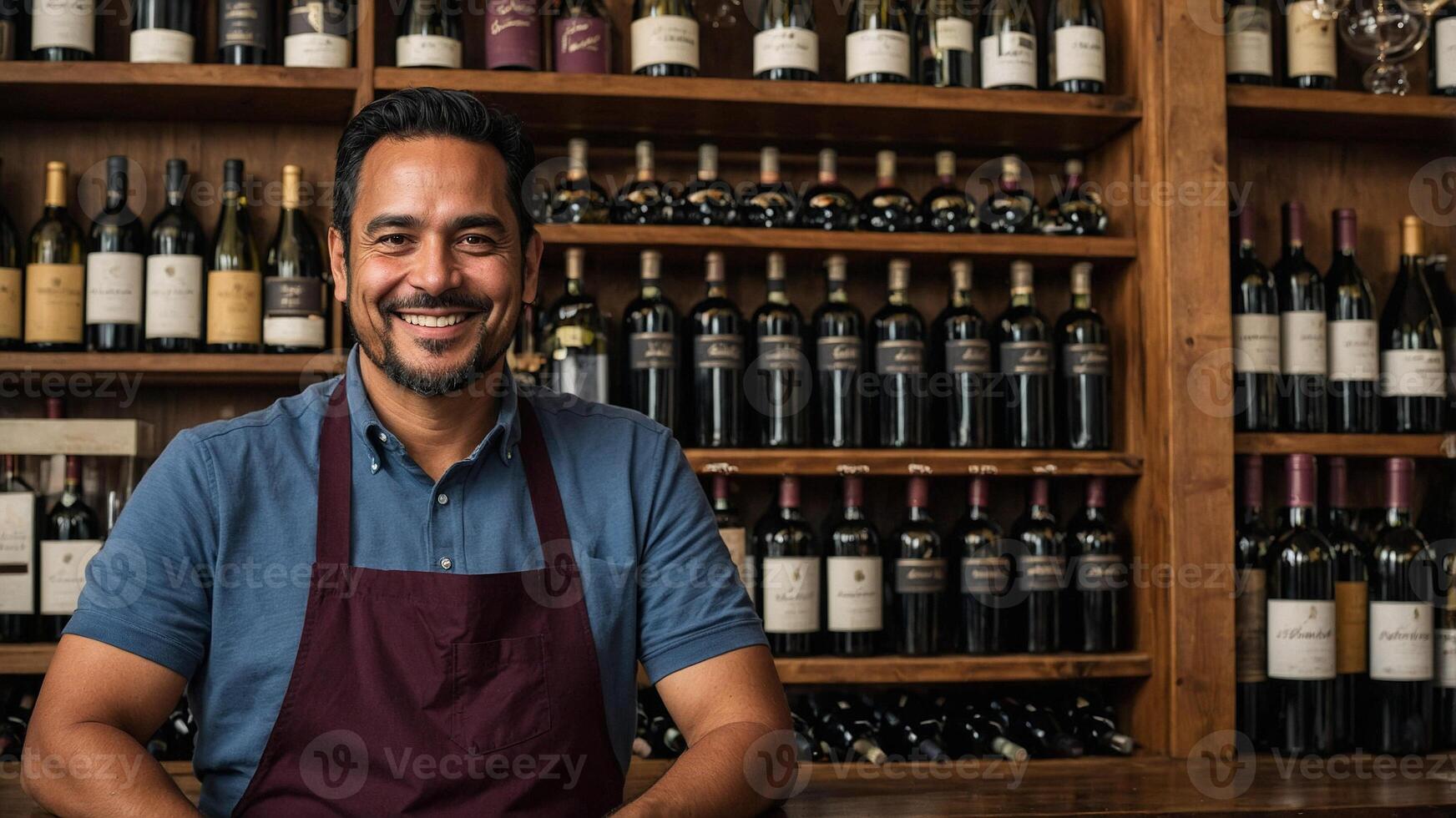 A man in a blue apron is smiling in front of a wine rack photo