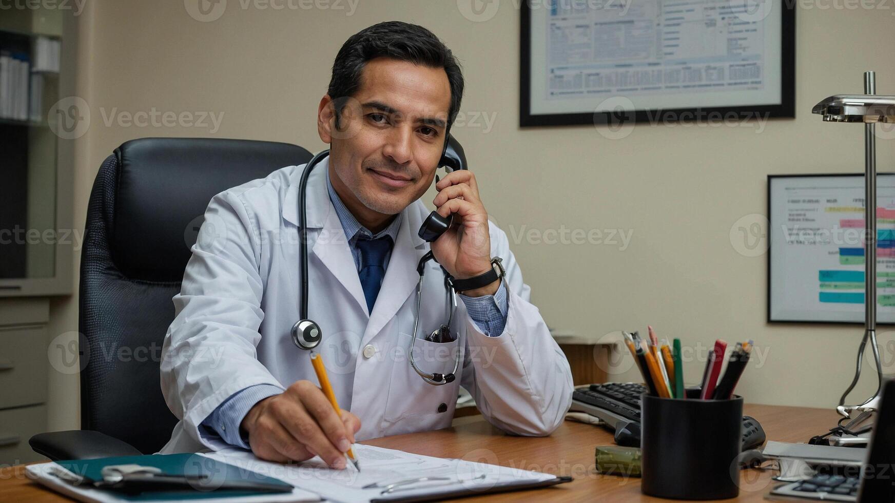 A male doctor sitting at his desk talking on the phone photo