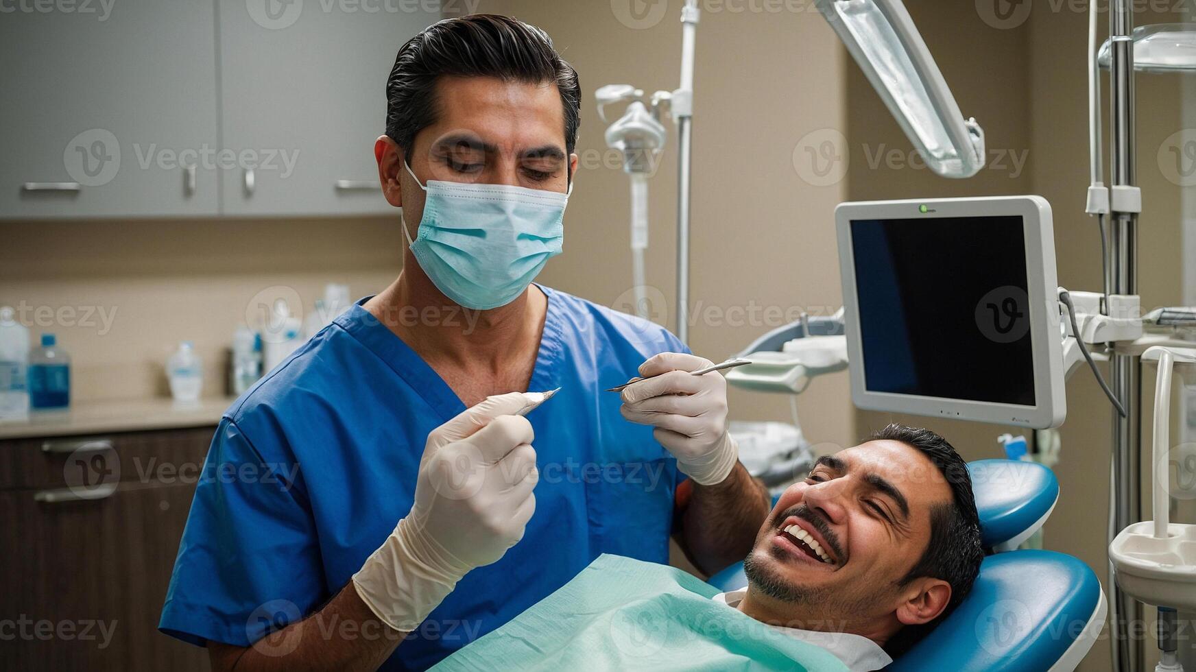 A man in a dental chair is smiling while a dentist is working on his teeth photo