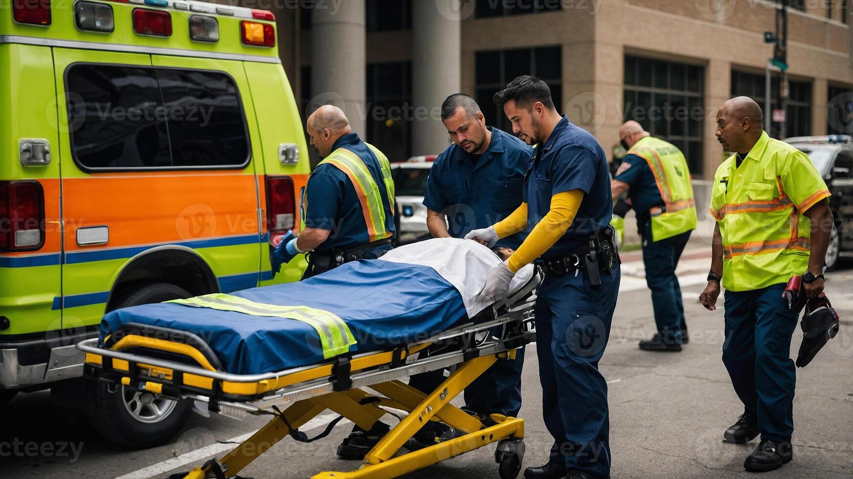 Emergency medical services workers carry a patient on a stretcher photo