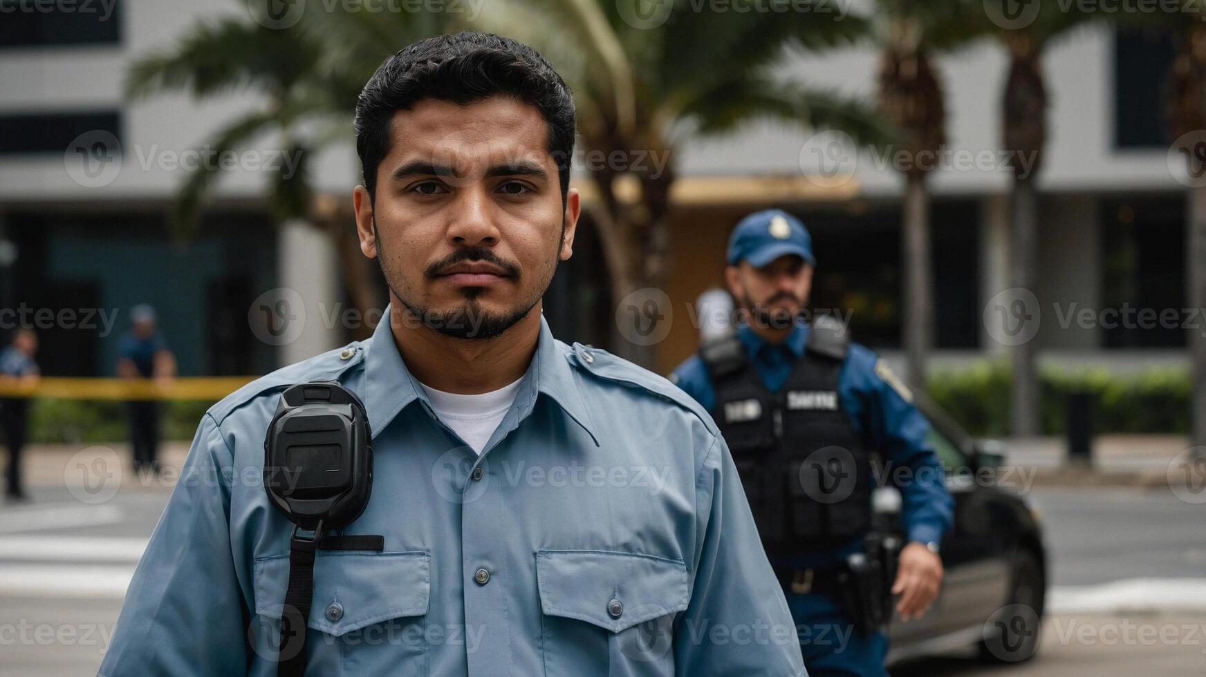 A man in a police uniform standing in front of a car photo