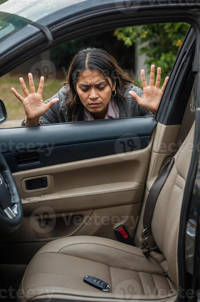 A woman is sitting in the driver's seat of a car and is holding her hands up photo