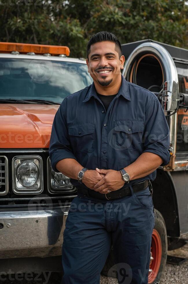 A man in a blue shirt standing next to a truck photo