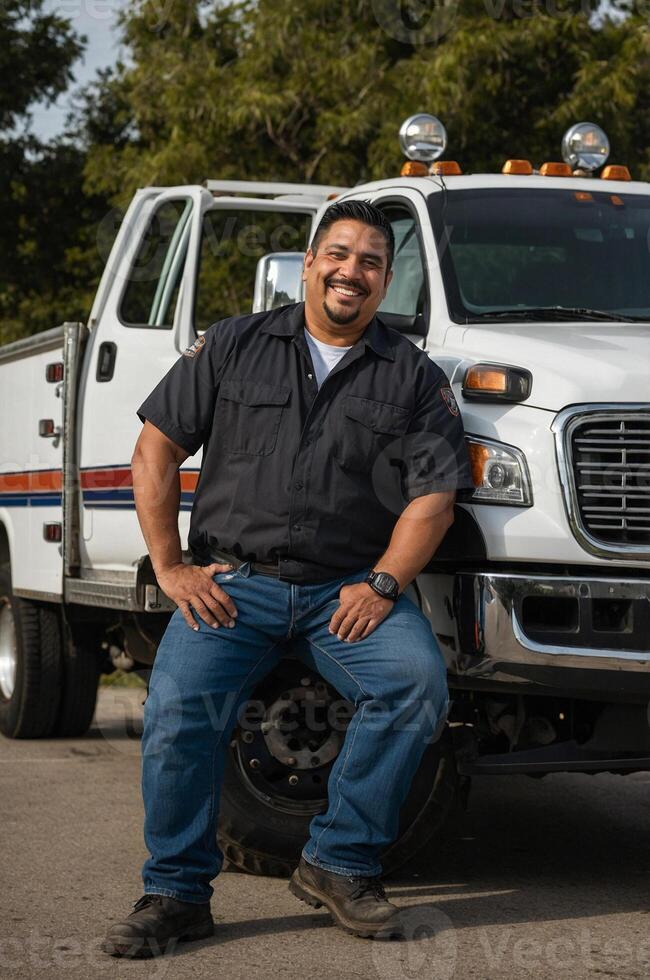A man in a blue shirt and jeans sitting in front of a white truck photo