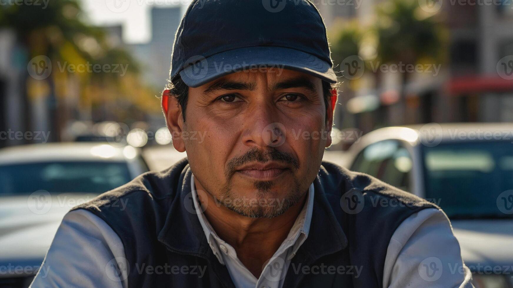 A man wearing a hat and vest in the street photo