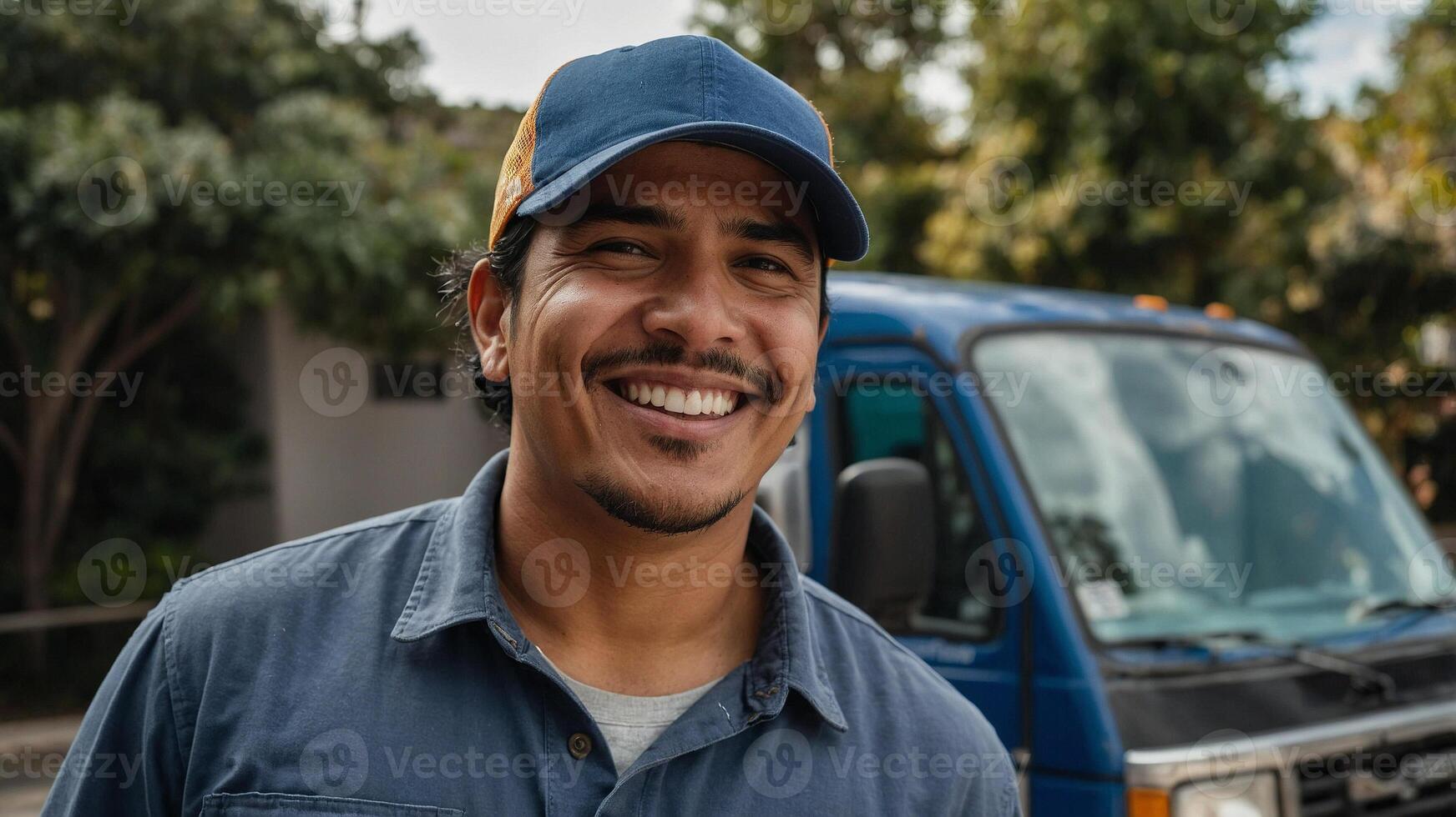 A smiling man in a blue shirt and cap standing in front of a van photo