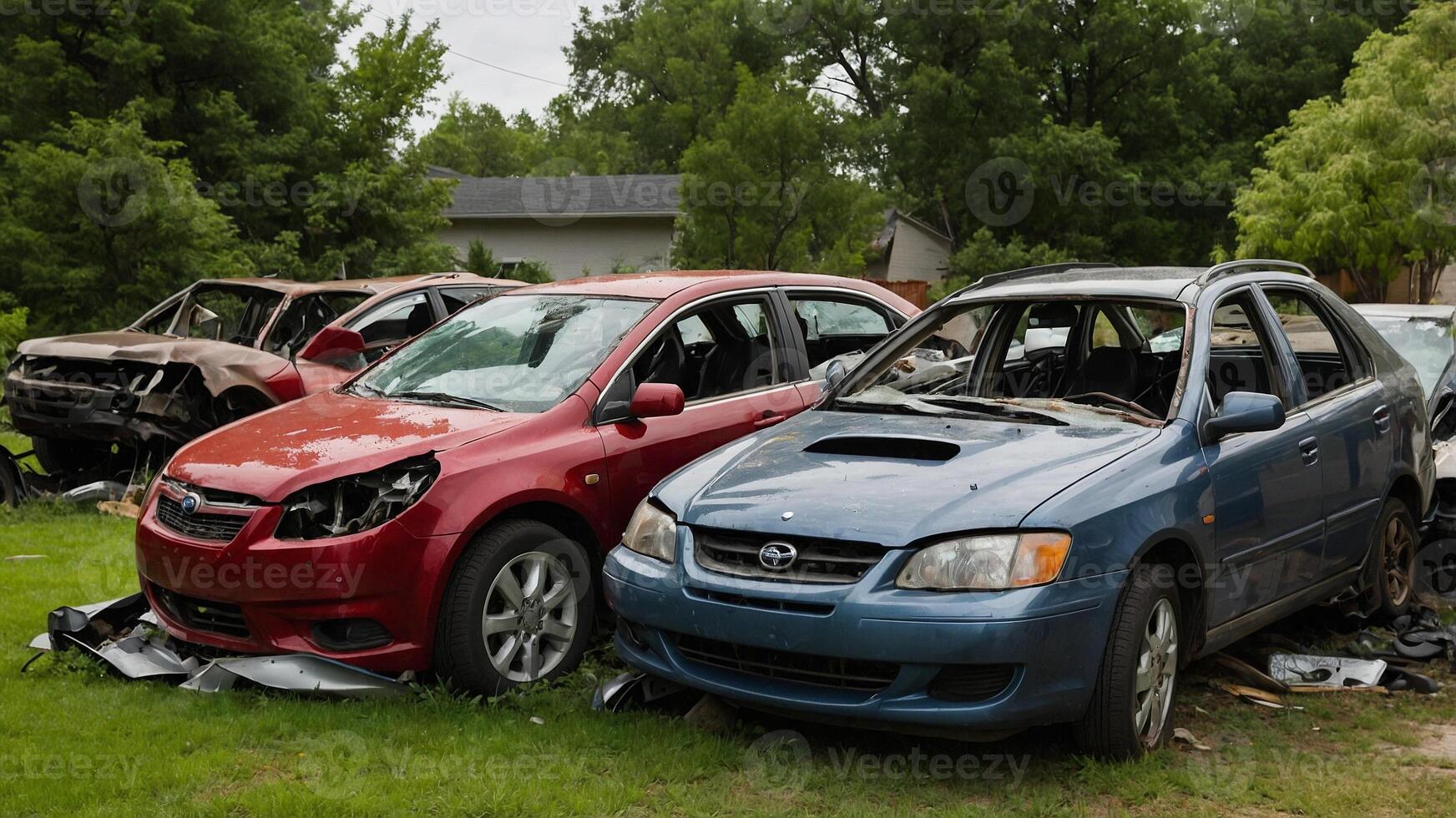 Several cars are damaged in a yard photo