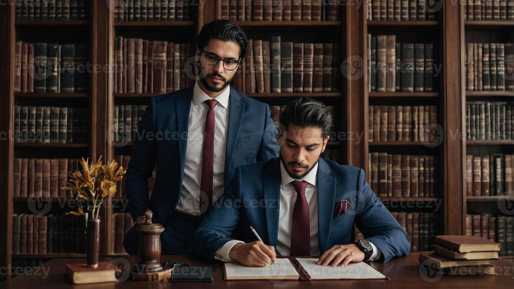 Two men in suits sitting at a desk signing papers photo
