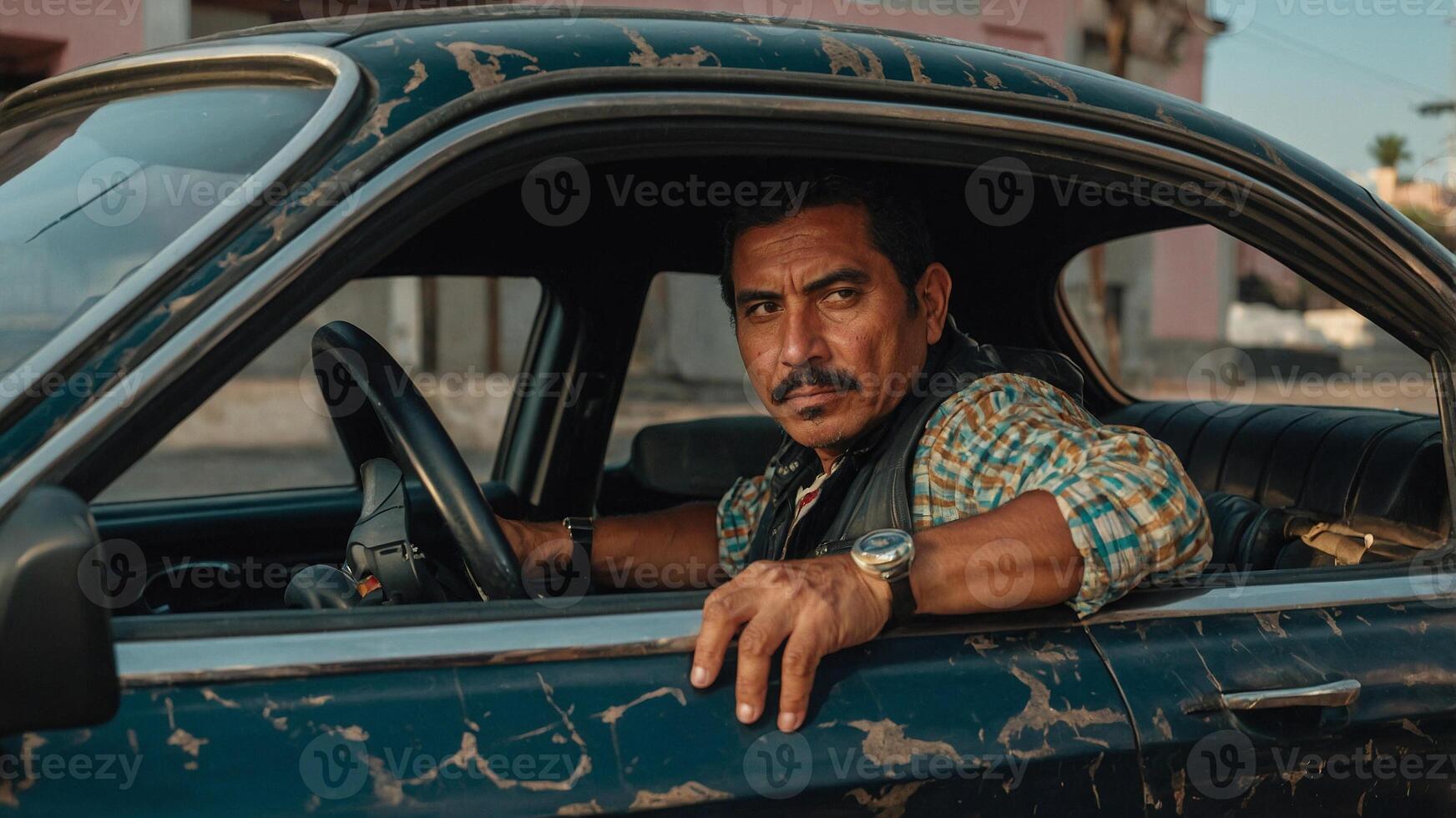 A man sitting in the driver's seat of a car photo
