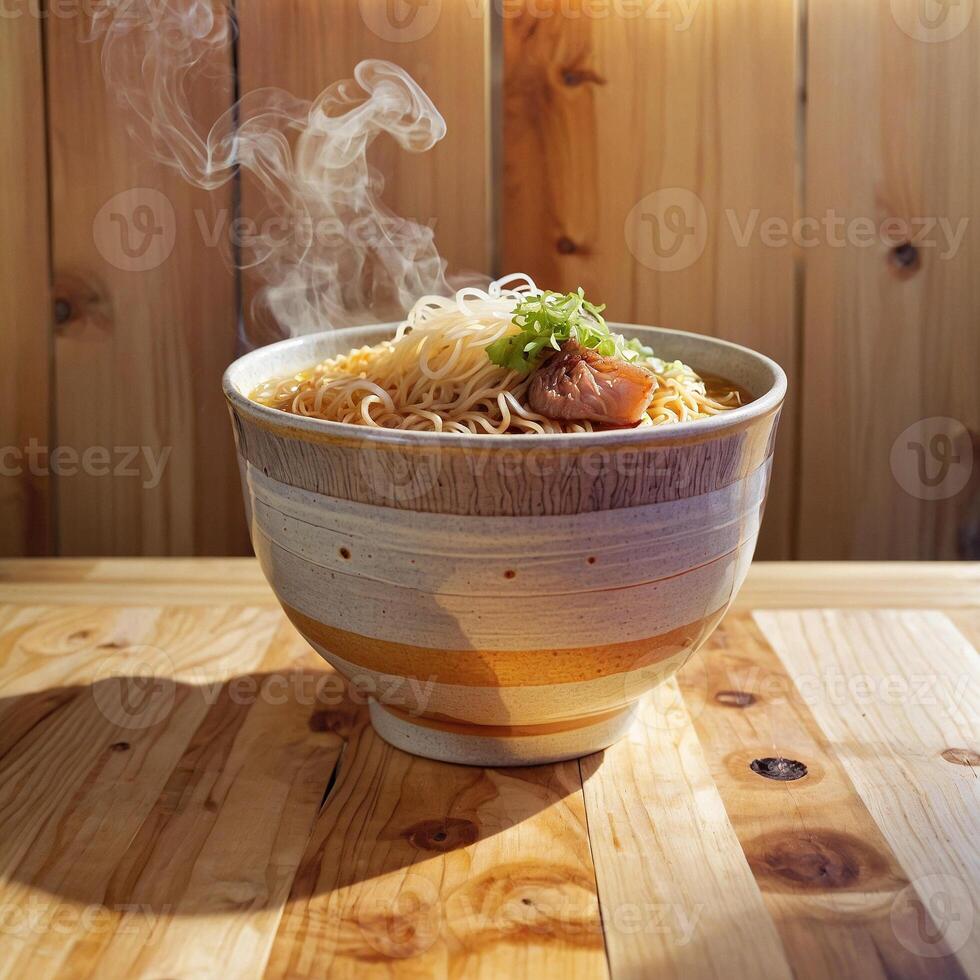 A bowl of noodles on a table photo