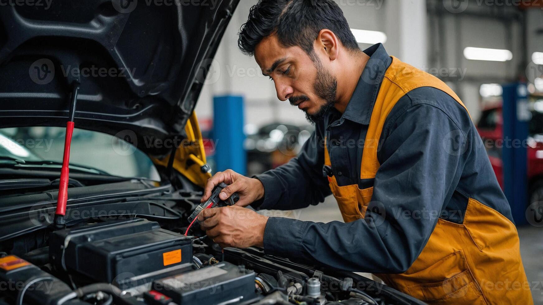 A man is working on a car in a garage photo