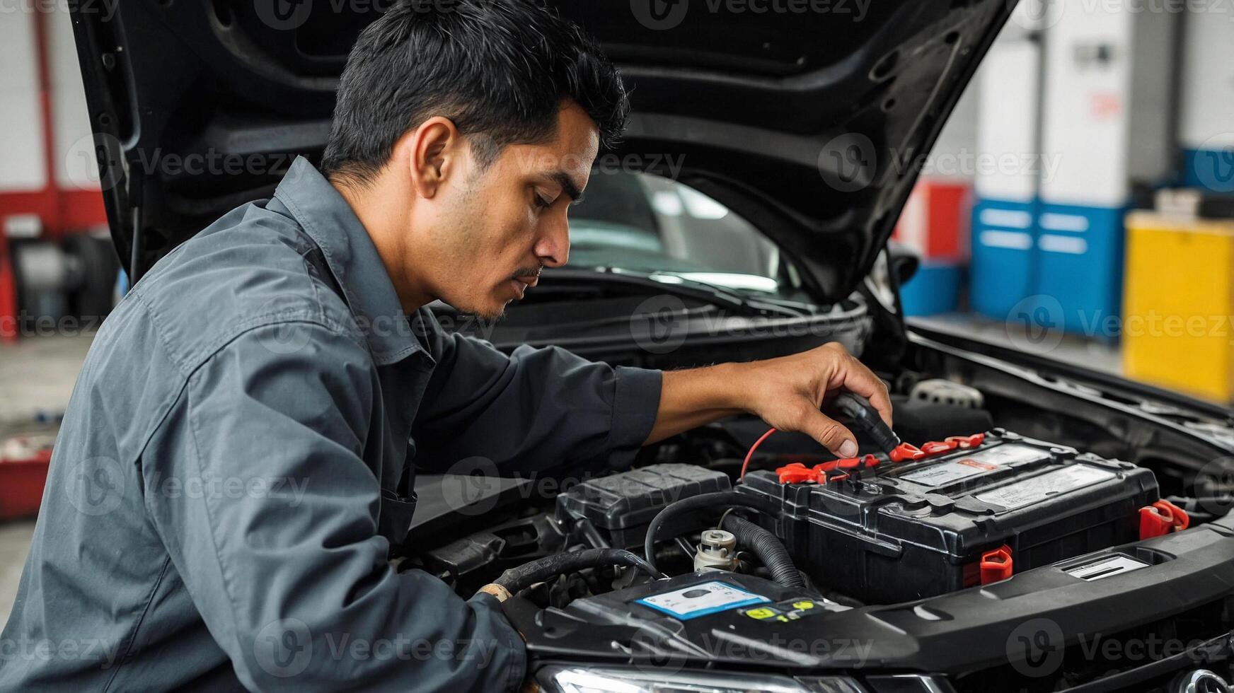 A man is working on the engine of a car photo