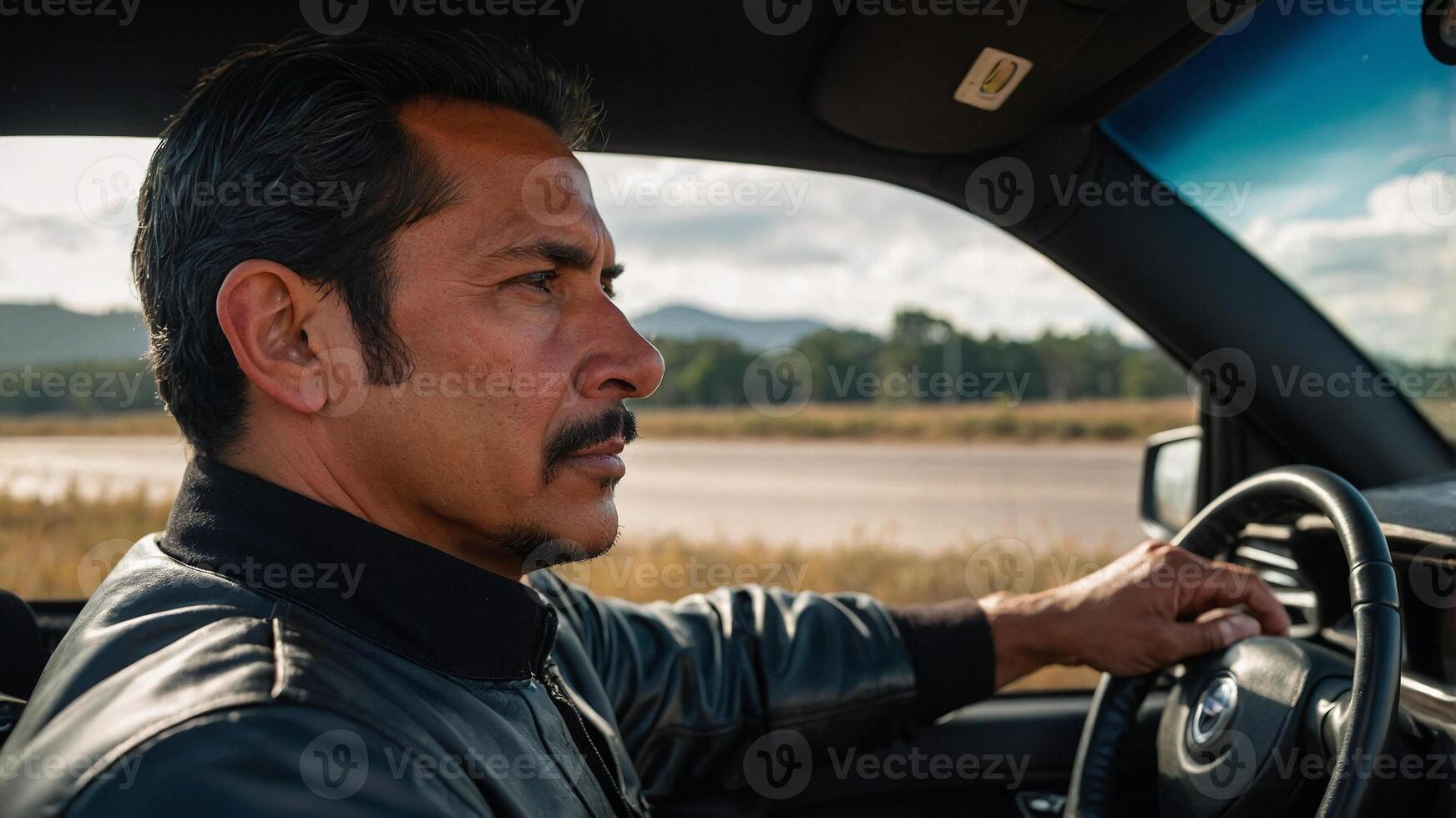 A man driving a car with a large field in the background photo