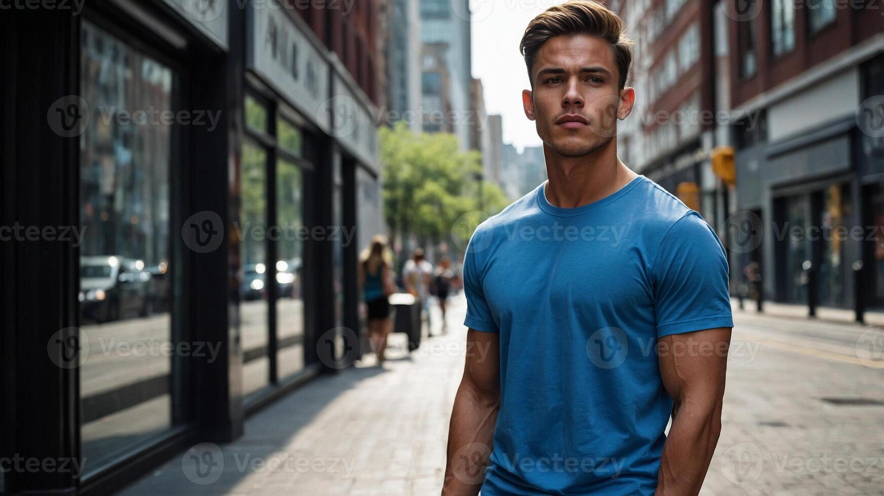 A man in a blue t - shirt standing on a city street photo