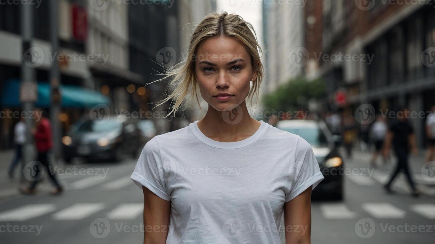 A woman in a white t - shirt standing in the middle of a city street photo