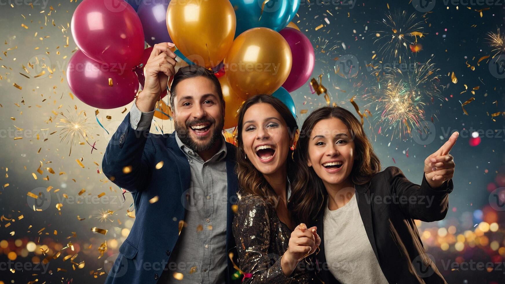 Three people celebrating with balloons and confetti photo