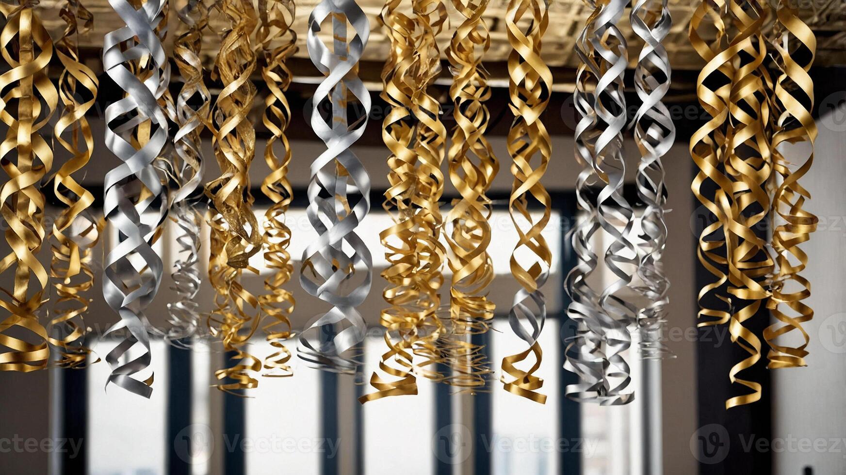 Gold and silver streamers hanging from the ceiling photo