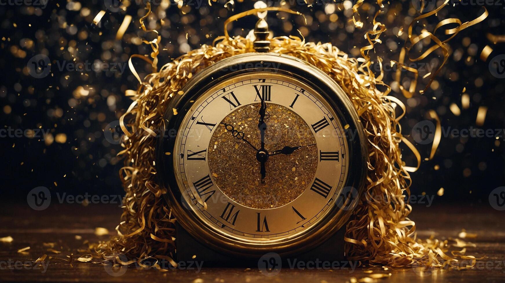 A golden clock with a golden hourglass on a table photo