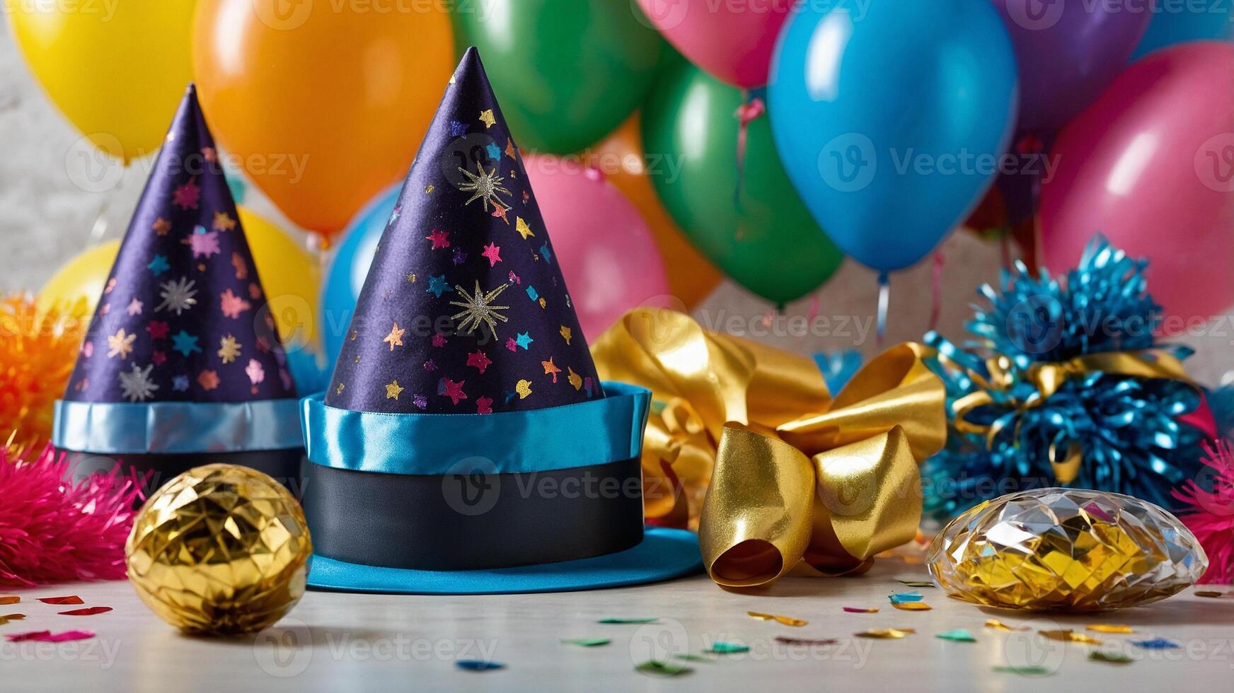 Party hats and balloons on a table photo