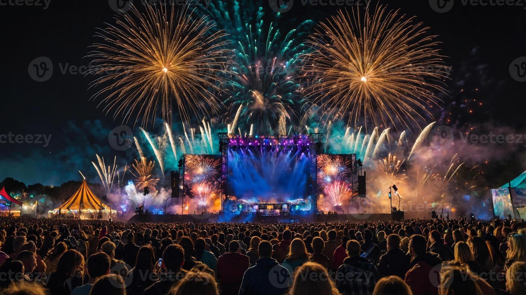 A large crowd at a music festival with fireworks photo