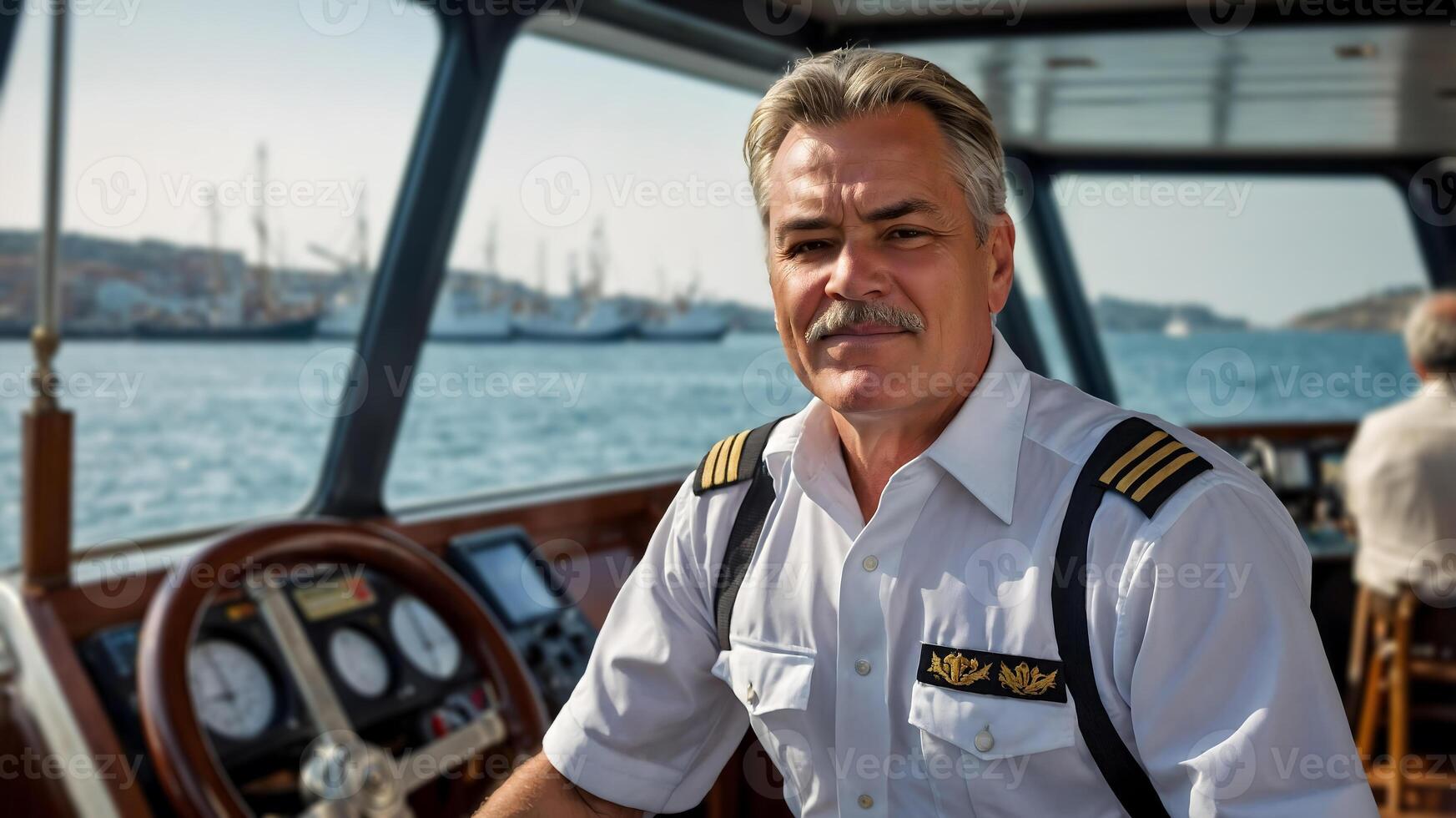 A man in a pilot uniform sitting at the helm of a boat photo