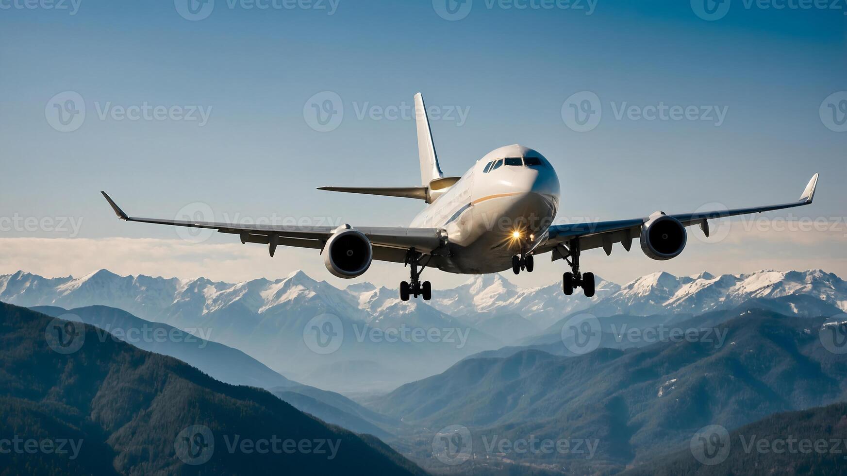 A large passenger jet flying over mountains photo