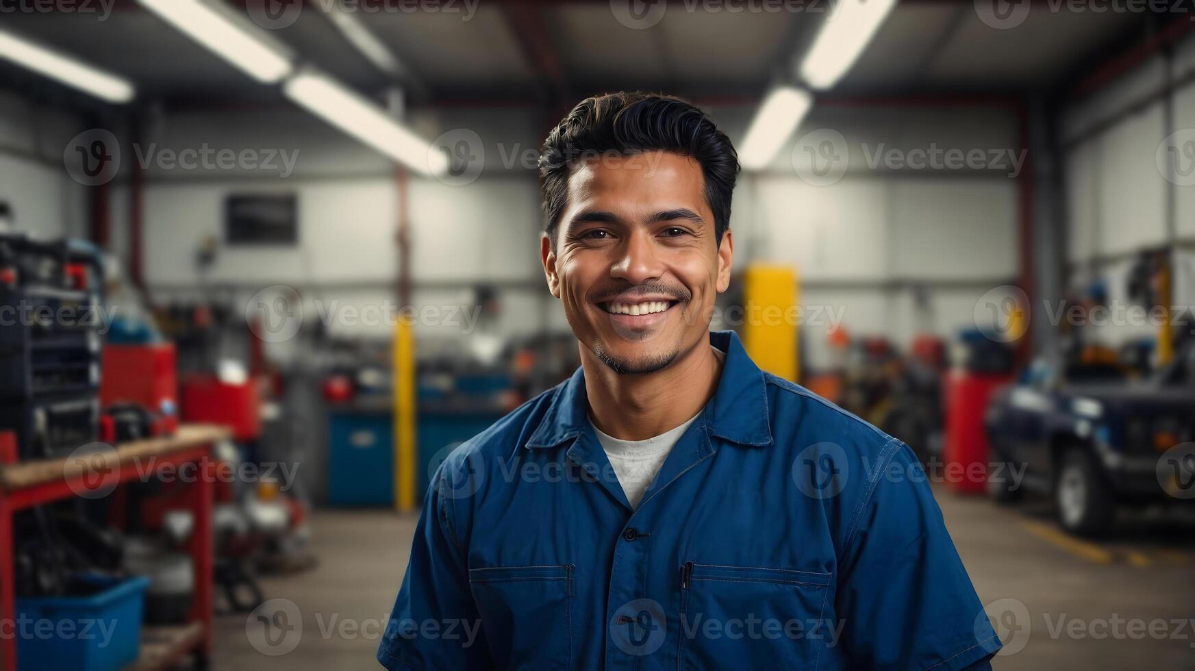 A smiling man in a blue shirt in a garage photo