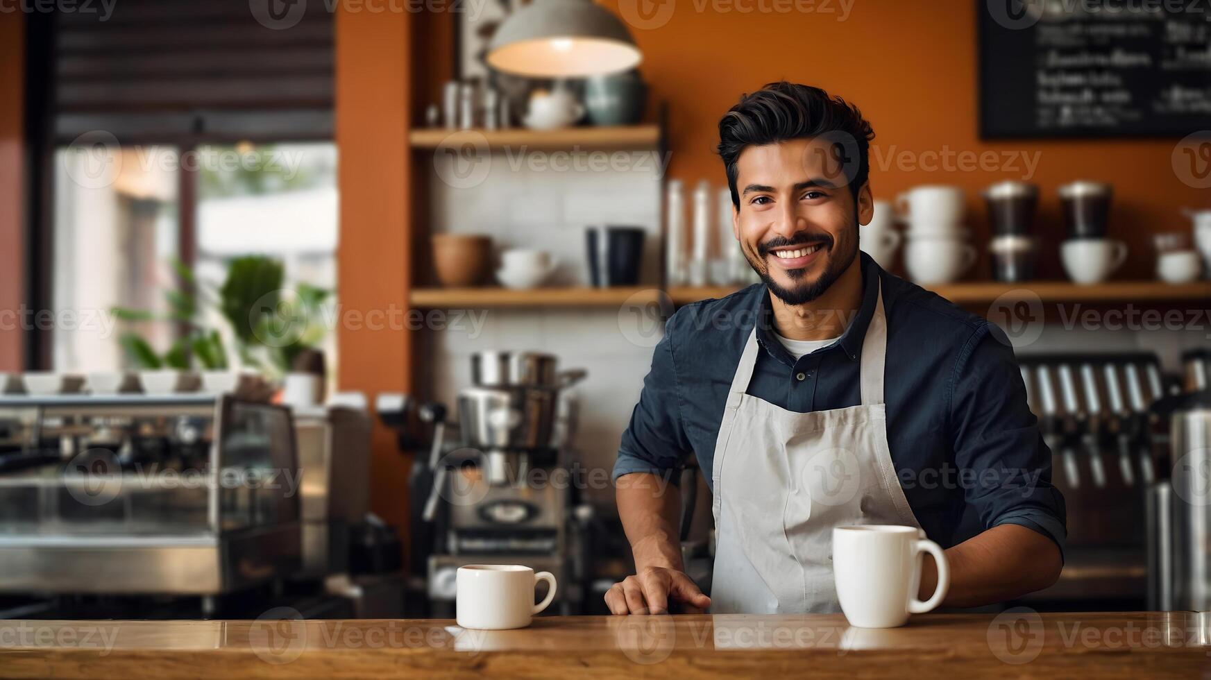 A smiling man in an apron holding two cups photo