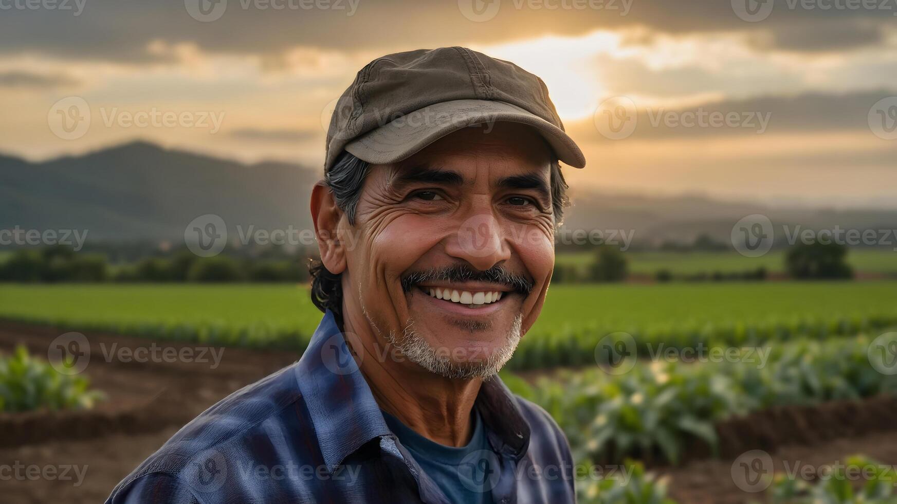 A man smiles in a field with a sunset in the background photo