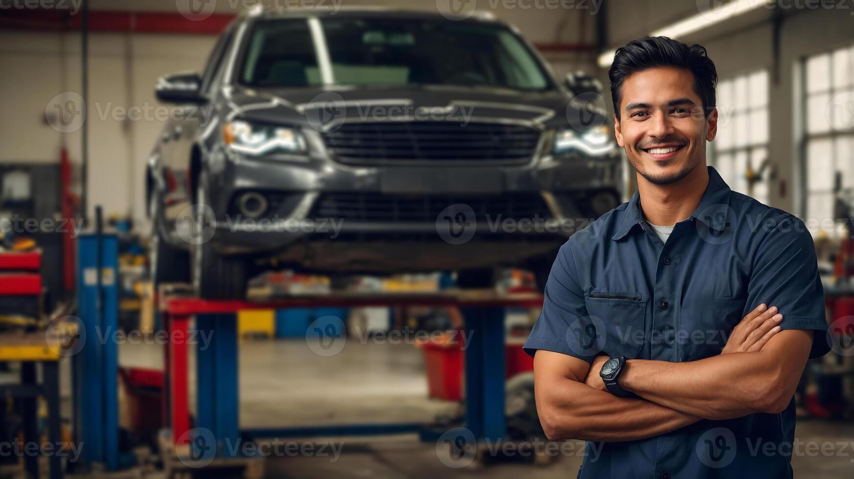 A smiling mechanic standing in front of a car photo