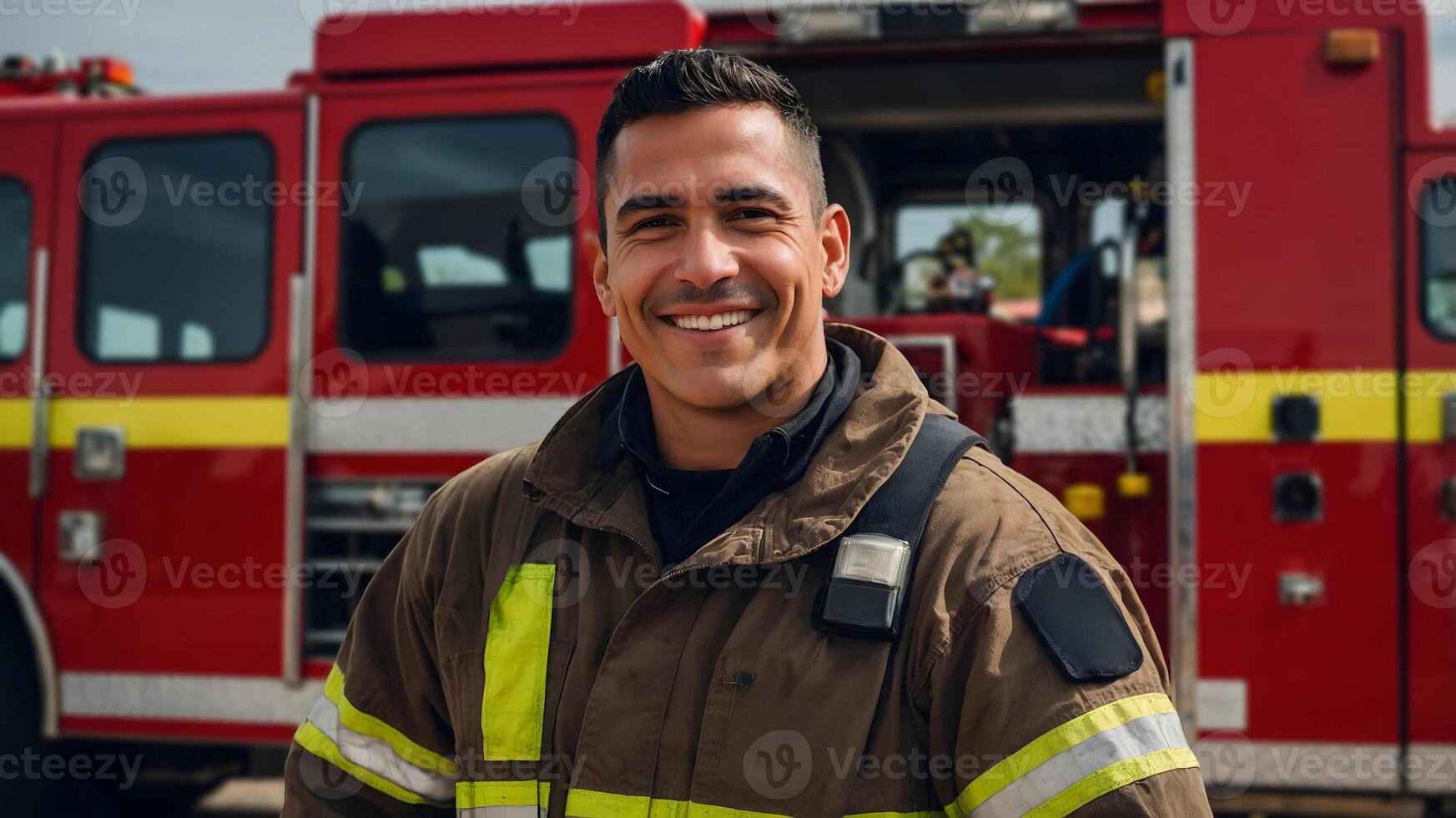 A smiling firefighter standing in front of a fire truck photo